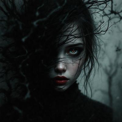 The primary subject of the image is a woman with a black shirt and red lipstick. She is wearing a black shirt and has a black hair. The setting is a dark and moody environment, possibly a forest or a dark room. The visual style is a digital art or illustration, creating a dramatic and mysterious atmosphere. The colors are predominantly black and red, with the red lipstick adding a touch of vibrancy to the scene.